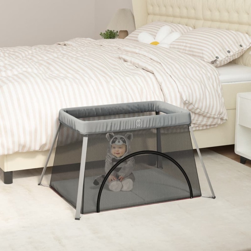 vidaXL Parque infantil para bebés con colchón tela lino gris claro vidaXL Parque infantil para bebés con colchón tela lino gris claro