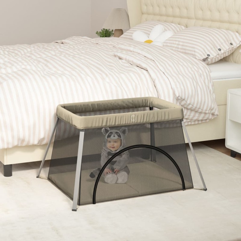 vidaXL Parque infantil para bebés con colchón tela lino gris taupé vidaXL Parque infantil para bebés con colchón tela lino gris taupé