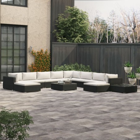 vidaXL Set muebles de jardín 12 pzas y cojines ratán sintético negro 