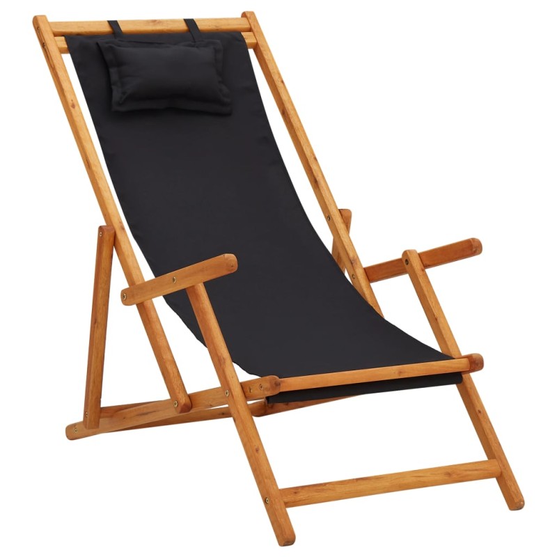 vidaXL Silla de playa plegable madera maciza de eucalipto y tela negra vidaXL Silla de playa plegable madera maciza de eucalipto y tela negra