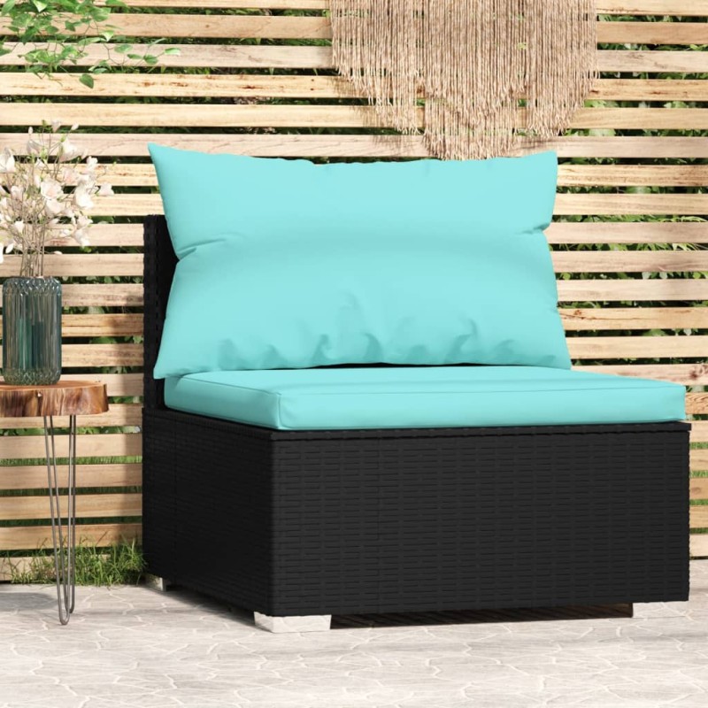 vidaXL Sofá central para jardín con cojines ratán sintético negro vidaXL Sofá central para jardín con cojines ratán sintético negro