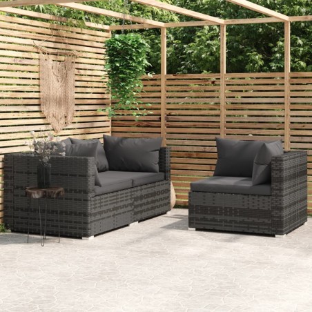 vidaXL Set de muebles de jardín 3 pzas y cojines ratán sintético gris