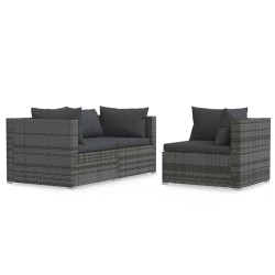 vidaXL Set de muebles de jardín 3 pzas y cojines ratán sintético gris