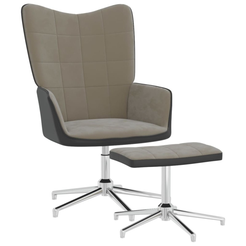 vidaXL Silla de relajación con reposapiés terciopelo y PVC gris claro vidaXL Silla de relajación con reposapiés terciopelo y PVC gris claro