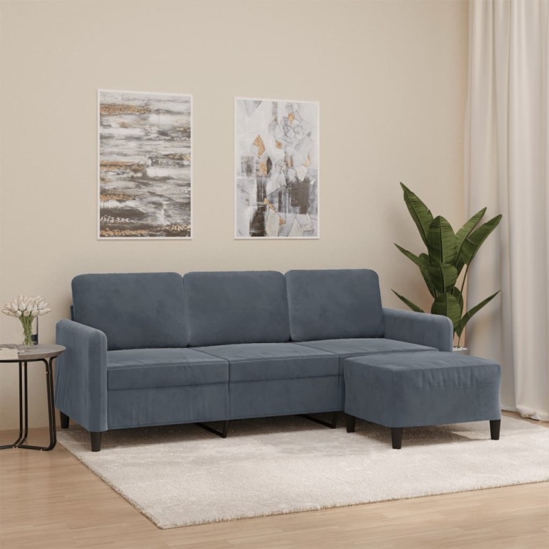 vidaXL Sofá de 3 plazas con taburete de terciopelo gris oscuro 180 cm vidaXL Sofá de 3 plazas con taburete de terciopelo gris oscuro 180 cm