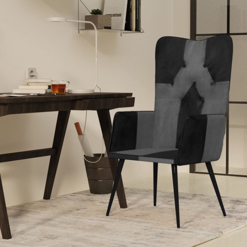 vidaXL Sillón orejero cuero auténtico negro y gris vidaXL Sillón orejero cuero auténtico negro y gris