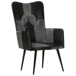 vidaXL Sillón orejero cuero auténtico negro y gris