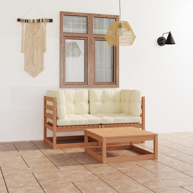 vidaXL Juego de muebles de jardín 3 pzas y cojines madera pino maciza vidaXL Juego de muebles de jardín 3 pzas y cojines madera pino maciza