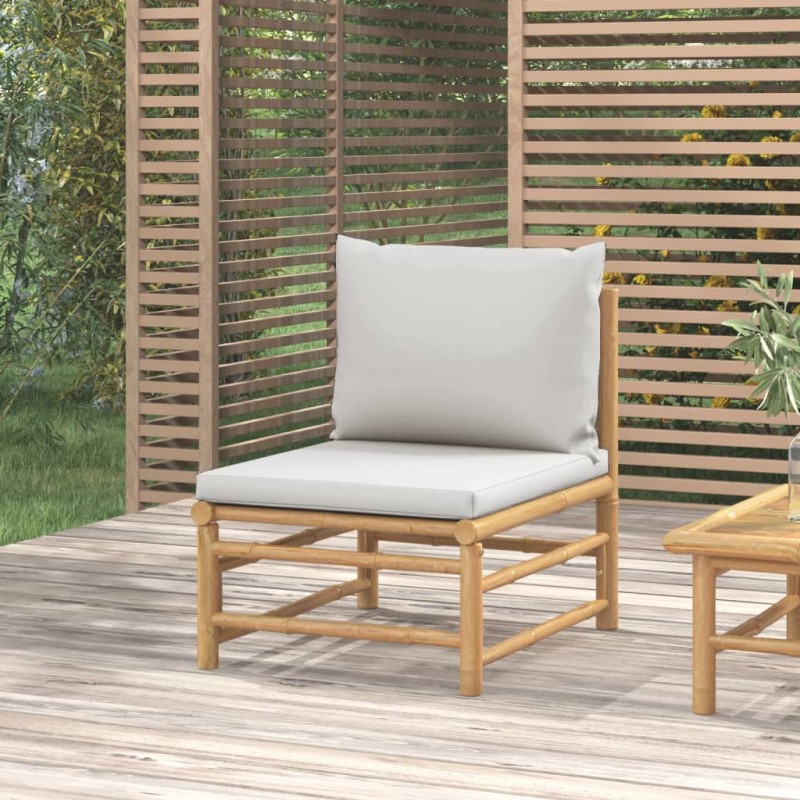 vidaXL Sofá central de jardín bambú con cojines gris claro vidaXL Sofá central de jardín bambú con cojines gris claro