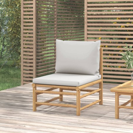 vidaXL Sofá central de jardín bambú con cojines gris claro