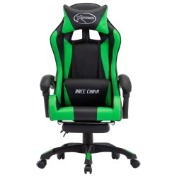 vidaXL Silla gaming con reposapiés cuero sintético verde y negro
