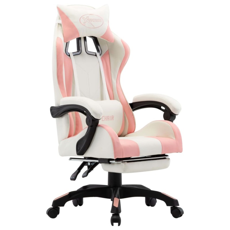 vidaXL Silla gaming con reposapiés cuero sintético rosa y blanco vidaXL Silla gaming con reposapiés cuero sintético rosa y blanco