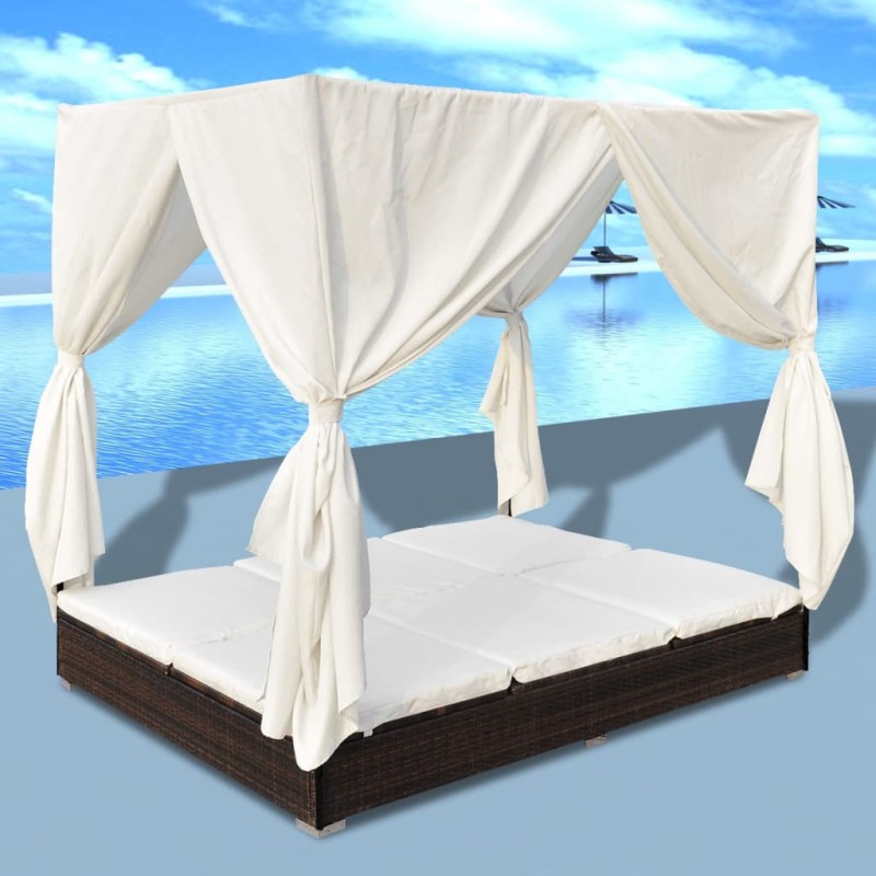 vidaXL Tumbona con cortinas de ratán sintético marrón vidaXL Tumbona con cortinas de ratán sintético marrón