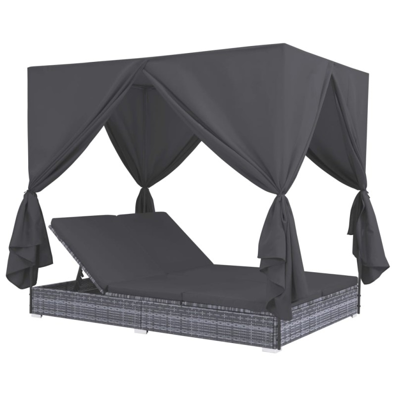 vidaXL Tumbona cama con cortinas de ratán sintético gris vidaXL Tumbona cama con cortinas de ratán sintético gris