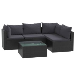 vidaXL Set muebles de jardín 5 piezas y cojines ratán sintético negro