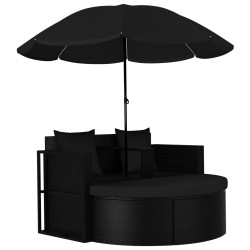 vidaXL Cama de jardín con sombrilla ratán sintético negro