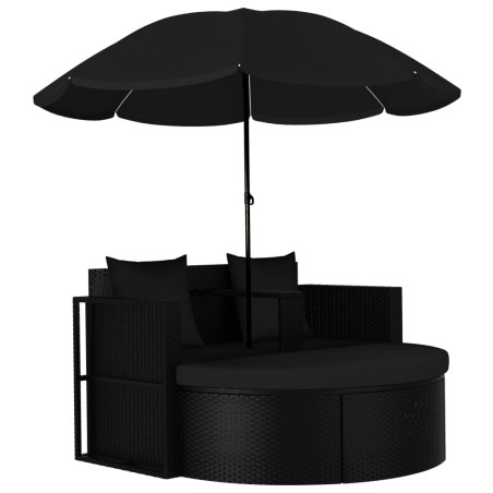 vidaXL Cama de jardín con sombrilla ratán sintético negro
