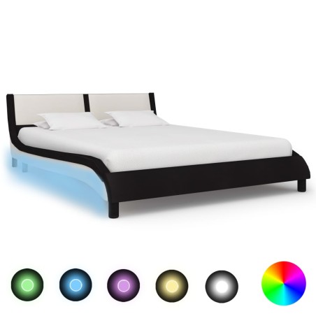 vidaXL Estructura de cama con LED cuero PE negro y blanco 140x200 cm