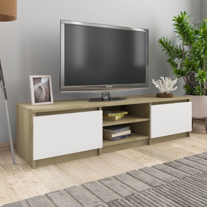 vidaXL Mueble de TV madera contrachapada blanco y roble 140x40x35,5 cm vidaXL Mueble de TV madera contrachapada blanco y roble 140x40x35,5 cm