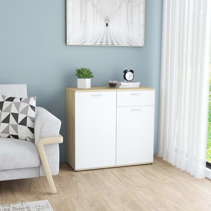 vidaXL Aparador madera contrachapada blanco y roble Sonoma 80x36x75 cm vidaXL Aparador madera contrachapada blanco y roble Sonoma 80x36x75 cm