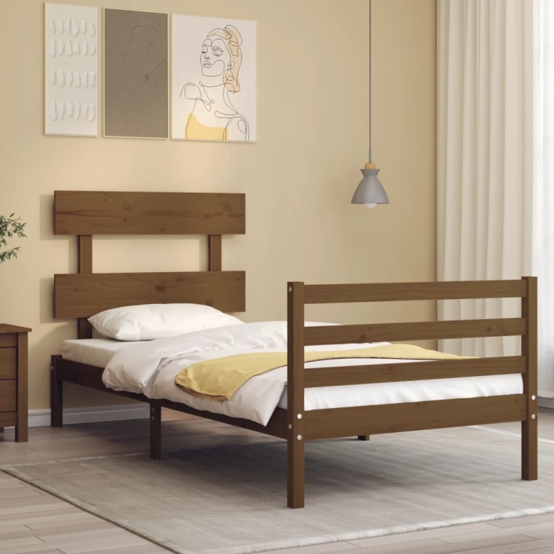 vidaXL Estructura cama con cabecero madera maciza marrón miel 90x200cm vidaXL Estructura cama con cabecero madera maciza marrón miel 90x200cm