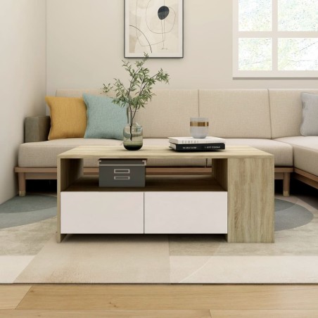 vidaXL Mesa de centro madera contrachapada blanco y Sonoma 102x55x45cm