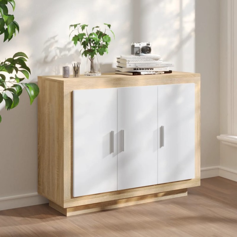 vidaXL Aparador madera contrachapada blanco y roble Sonoma 92x35x75 cm vidaXL Aparador madera contrachapada blanco y roble Sonoma 92x35x75 cm