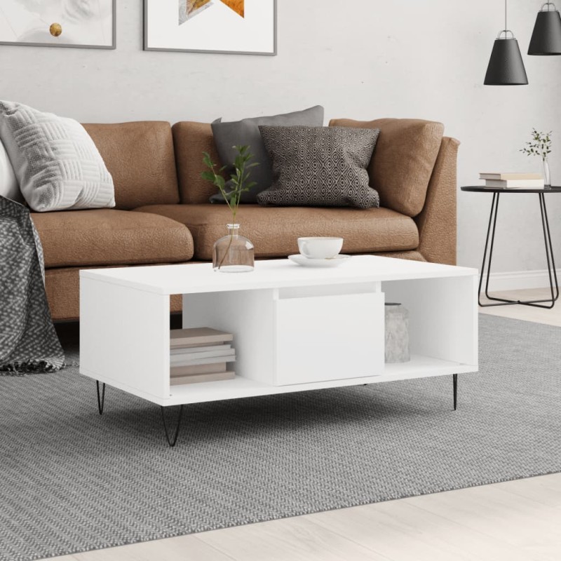 vidaXL Mesa de centro madera contrachapada blanco 90x50x36,5 cm vidaXL Mesa de centro madera contrachapada blanco 90x50x36,5 cm