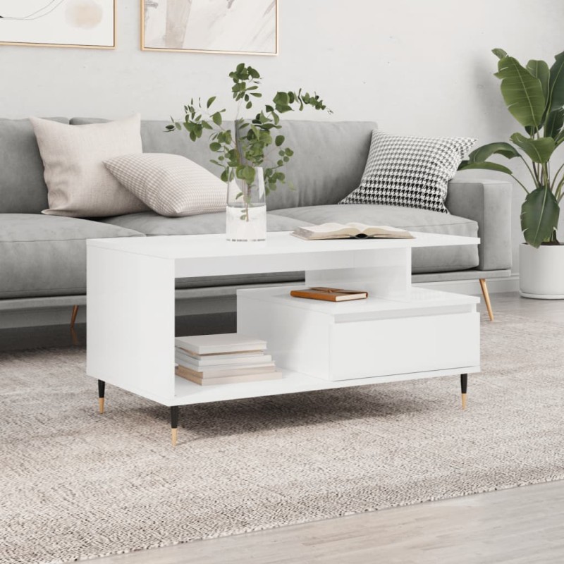 vidaXL Mesa de centro madera contrachapada blanco brillo 90x49x45 cm vidaXL Mesa de centro madera contrachapada blanco brillo 90x49x45 cm