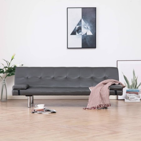 vidaXL Sofá cama con dos almohadas de cuero sintético gris