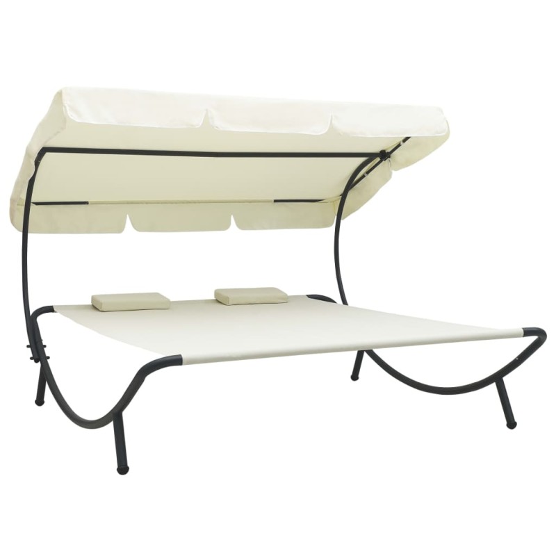 vidaXL Tumbona doble de jardín con toldo y cojines blanco crema vidaXL Tumbona doble de jardín con toldo y cojines blanco crema