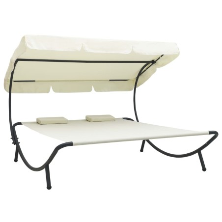 vidaXL Tumbona doble de jardín con toldo y cojines blanco crema