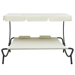 vidaXL Tumbona doble de jardín con toldo y cojines blanco crema