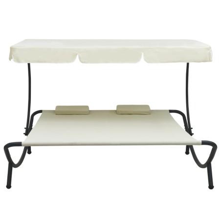 vidaXL Tumbona doble de jardín con toldo y cojines blanco crema