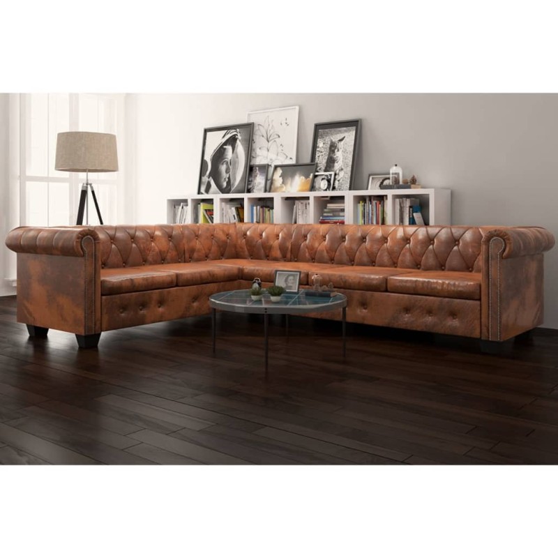 vidaXL Sofá de esquina Chesterfield 6 plazas cuero artificial marrón vidaXL Sofá de esquina Chesterfield 6 plazas cuero artificial marrón