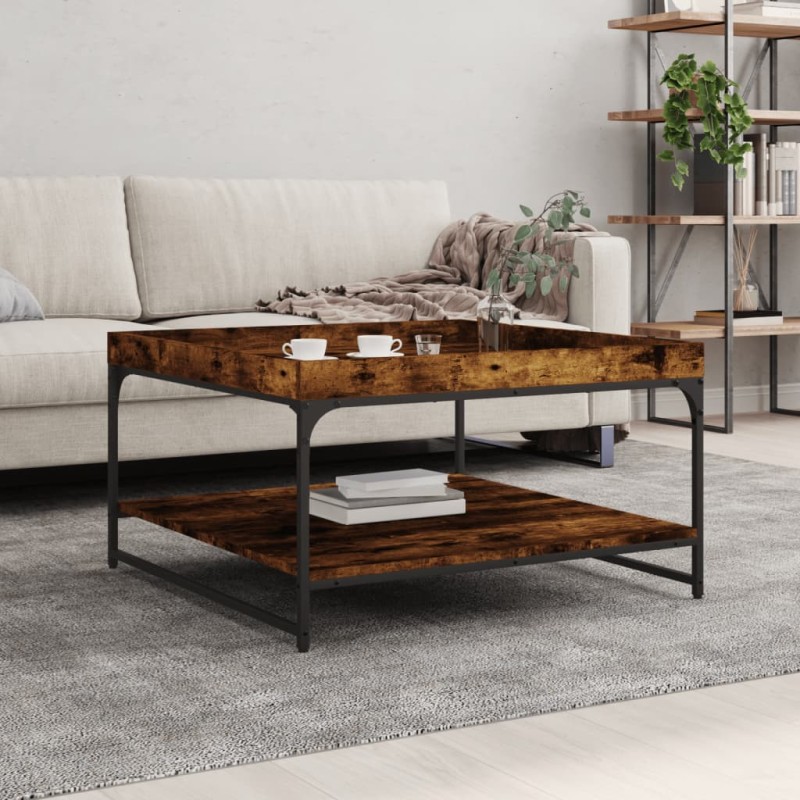 vidaXL Mesa de centro madera ingeniería y hierro roble humo 80x80x45cm vidaXL Mesa de centro madera ingeniería y hierro roble humo 80x80x45cm