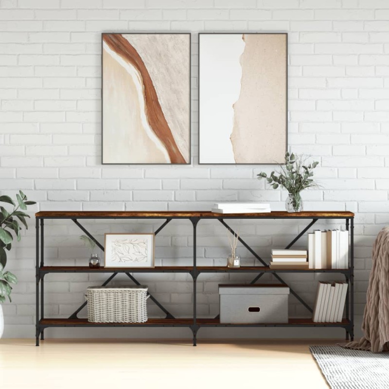 vidaXL Mesa consola hierro madera ingeniería roble ahumado 180x30x75cm vidaXL Mesa consola hierro madera ingeniería roble ahumado 180x30x75cm