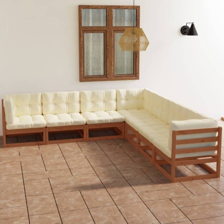 vidaXL Juego de muebles de jardín 7 pzas y cojines madera pino maciza