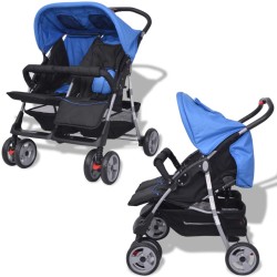 vidaXL Cochecito gemelar de acero azul y negro