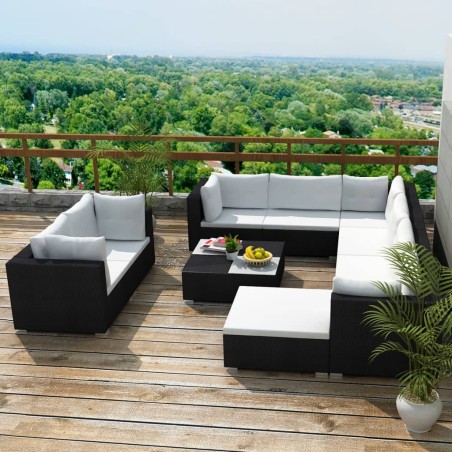 vidaXL Set muebles de jardín 10 piezas y cojines ratán sintético negro