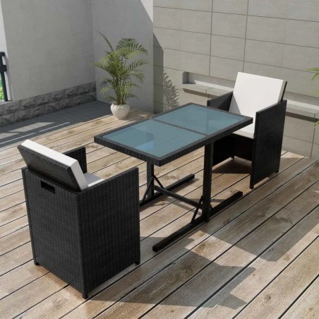 vidaXL Mesa y sillas bistró de jardín 3 pzs y cojines poli ratán negro