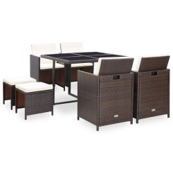 vidaXL Set comedor de jardín 9 piezas y cojines ratán sintético marrón
