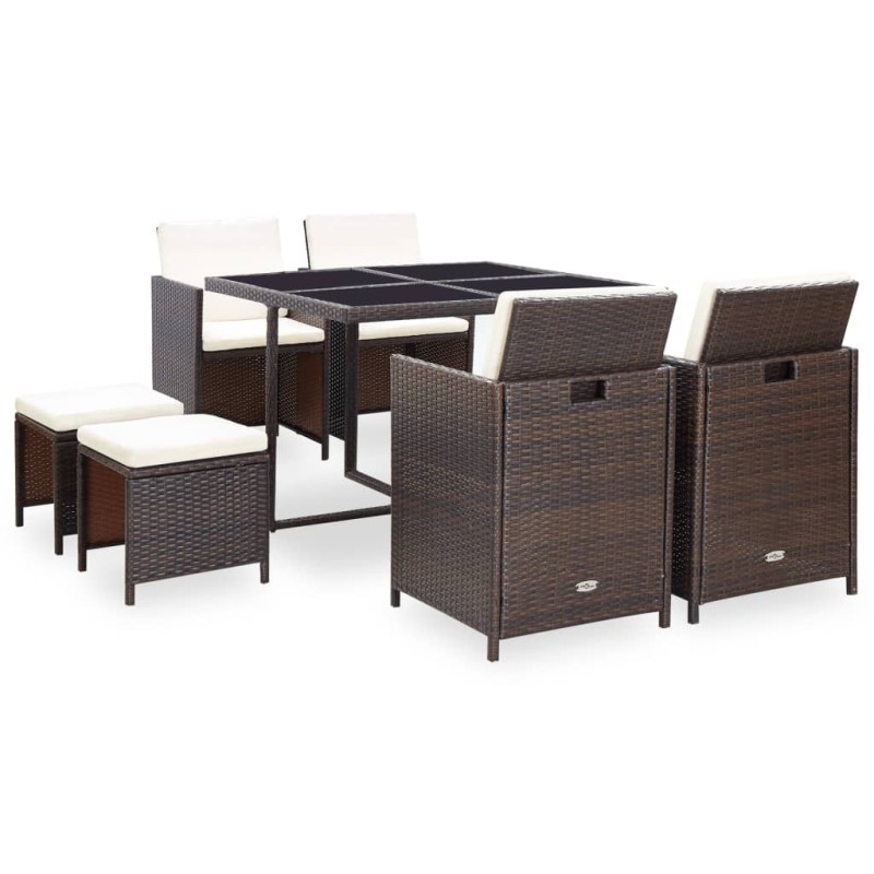 vidaXL Set comedor de jardín 9 piezas y cojines ratán sintético marrón