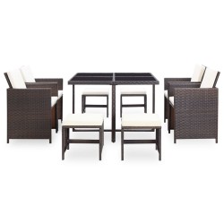 vidaXL Set comedor de jardín 9 piezas y cojines ratán sintético marrón