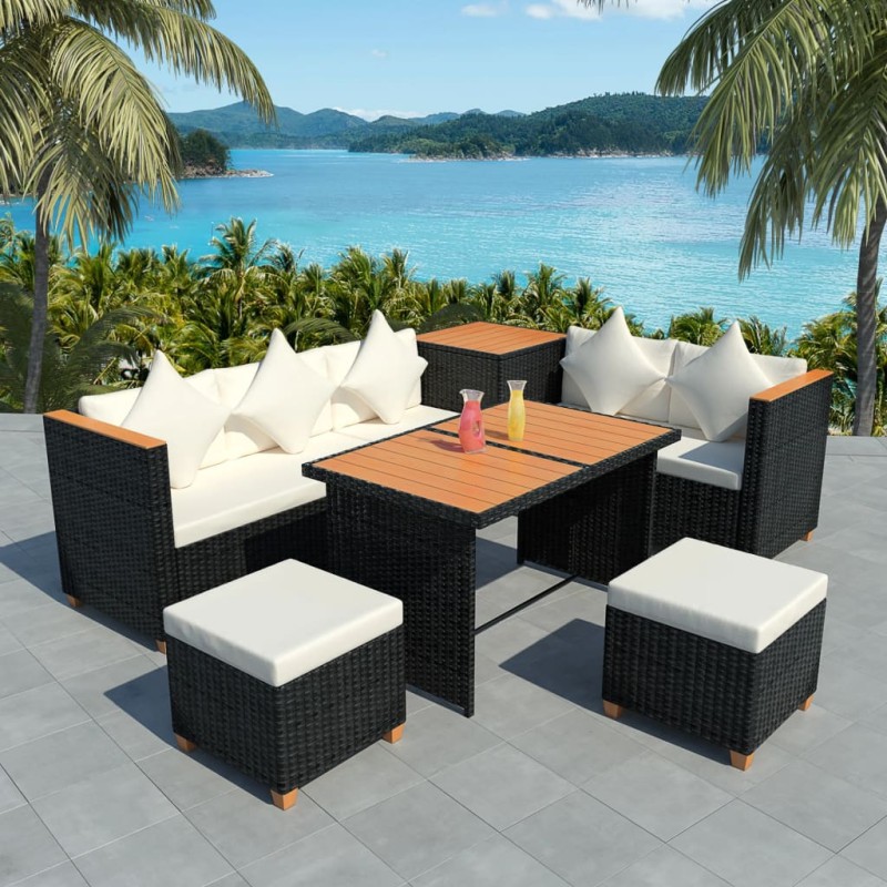 vidaXL Set muebles de jardín 7 piezas y cojines ratán sintético negro vidaXL Set muebles de jardín 7 piezas y cojines ratán sintético negro