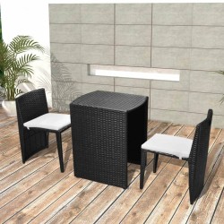 vidaXL Mesa y sillas bistró jardín 3 pzas y cojines poli ratán negro