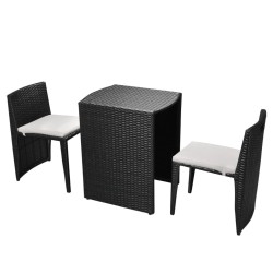 vidaXL Mesa y sillas bistró jardín 3 pzas y cojines poli ratán negro