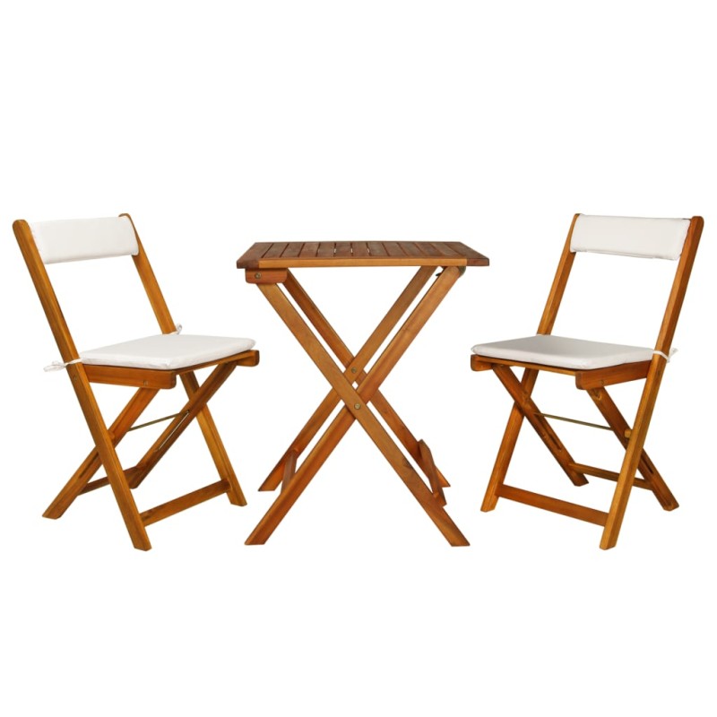 vidaXL Mesa y sillas bistró plegables 3 pzas y cojines madera maciza