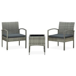 vidaXL Set de muebles bistro de jardín 3 piezas cojines ratán PE gris
