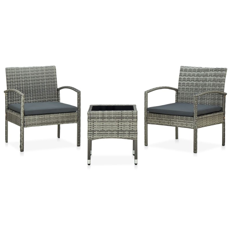 vidaXL Set de muebles bistro de jardín 3 piezas cojines ratán PE gris vidaXL Set de muebles bistro de jardín 3 piezas cojines ratán PE gris